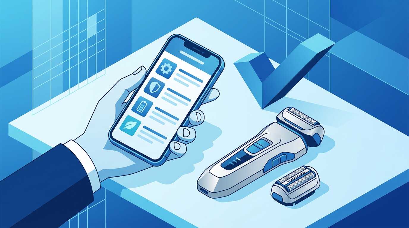 スマートフォンで替刃の商品詳細を確認し、ブラウン シリーズ9のシェーバーと替刃を見比べる様子