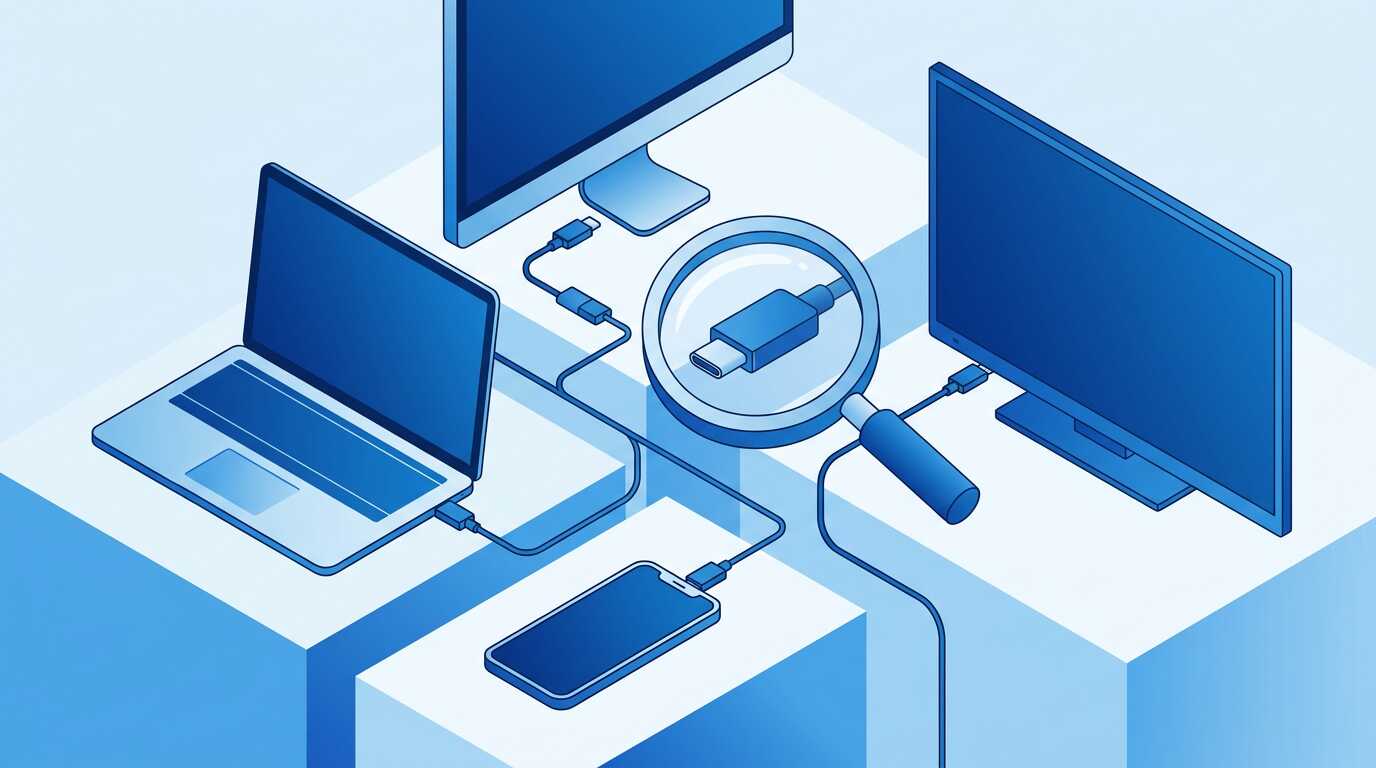 ノートPCとスマホをUSB-Cケーブルでモニターやテレビにつなぎ、映像出力対応ケーブルの端子を確認する様子