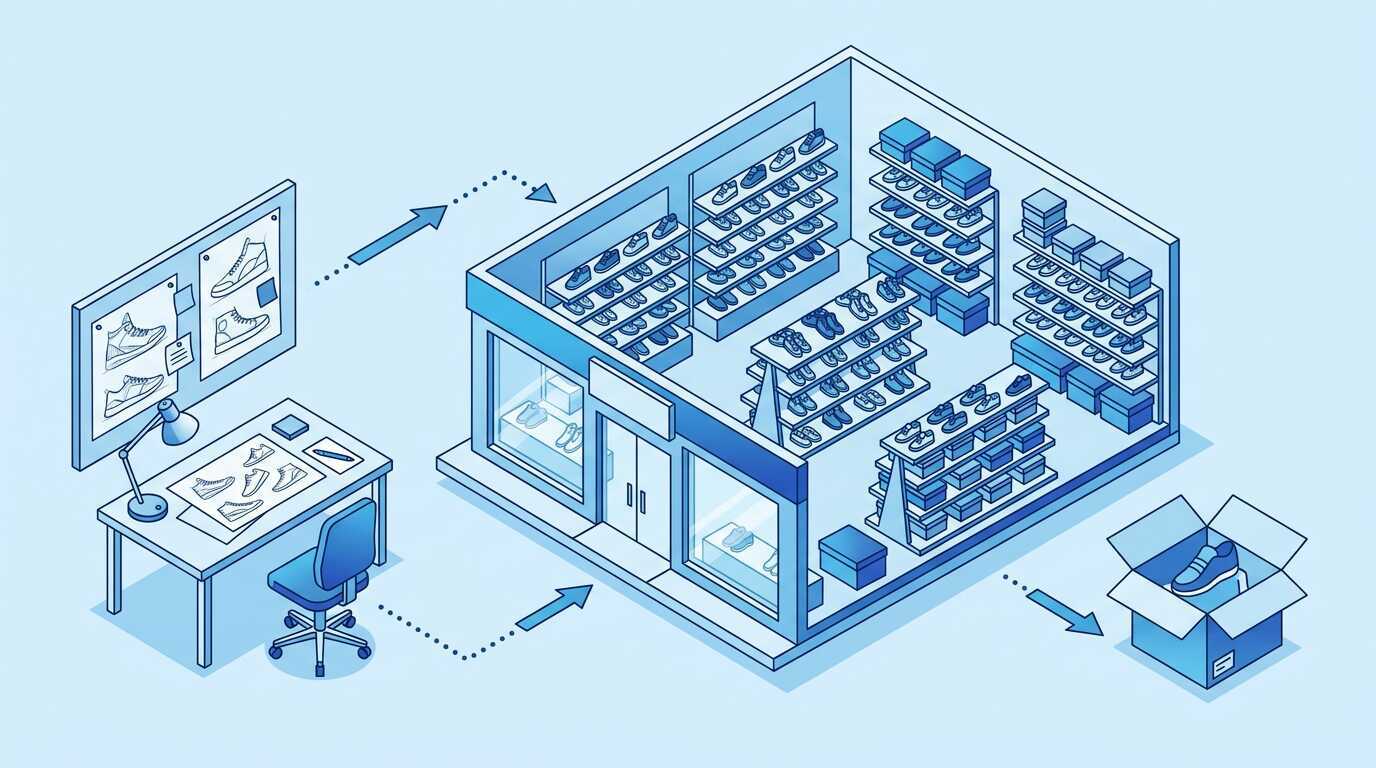 ATHREAMはジーフットが企画し、ASBeeの店舗と通販で販売する流れを表したイラスト