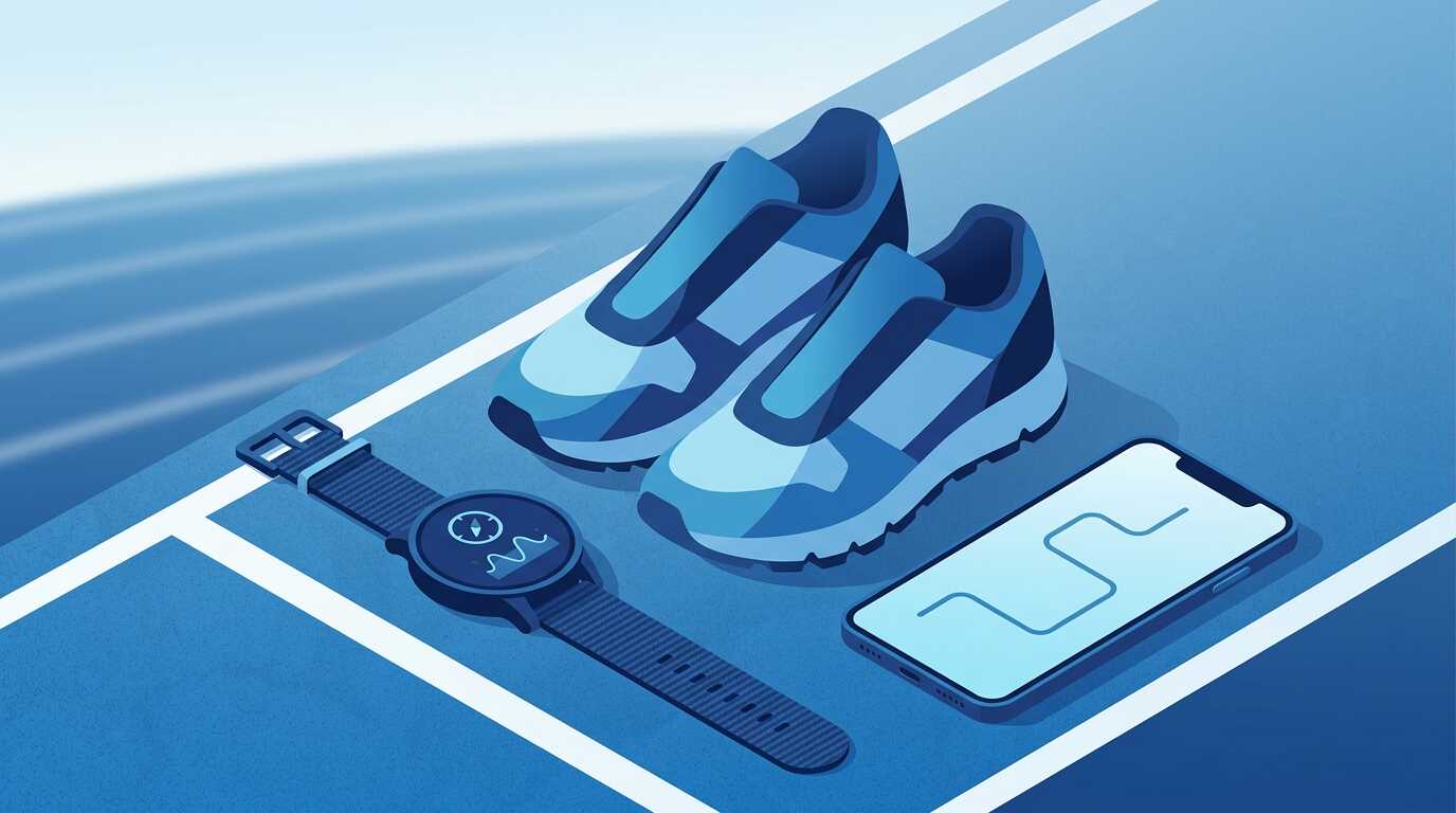 陸上トラックに並べたナイロンバンドのGPSランニングウォッチとランニングシューズ、ルートを表示したスマホ