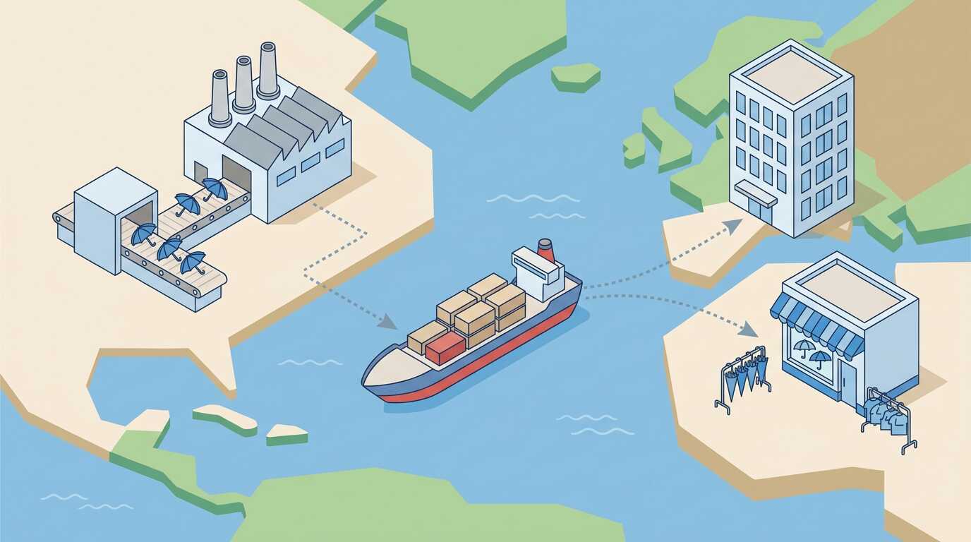 KONCIWAの日本法人・香港の販売元・中国の工場の関係を表したイラスト