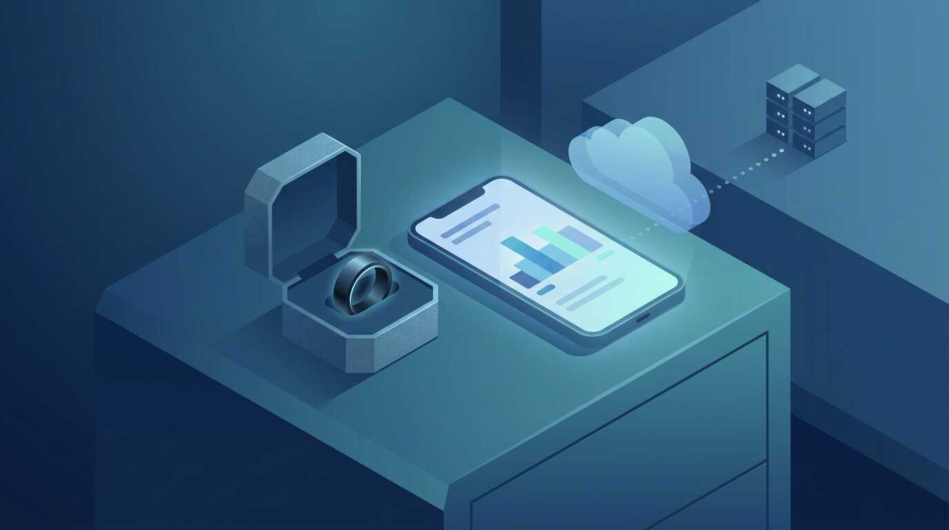 ベッドサイドのテーブルに置かれたチタン製のスマートリングと充電ケース、睡眠データを表示したスマホ