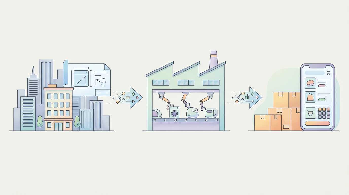 simplusは東京・新宿のジェネレーションパスが企画し、海外の工場で生産した家電を通販で販売する流れを表したイラスト